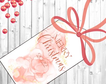 Merry Christmas Gift Tag Printable, Printable Pink Christmas Tag, Elegant Holiday Party Favor Tag, Elegant Pink Christmas Gift Tag Download