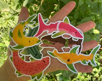 Fruit Shark Sticker Set || Water-Resistant/Waterproof Vinyl Matte Sea Life Stickers