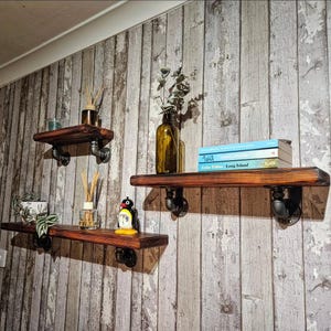 May include: Three dark stained wooden shelves with black pipe brackets are mounted on a distressed wood-panelled wall. The shelves display decorative items including books, plants, and a penguin ornament. The shelves are of different lengths and widths.