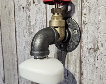Steampunk Magnetic Soap Holder, industrial pipe red valve bathroom decor with brass accents