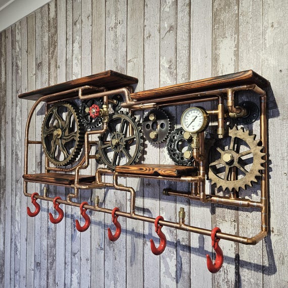 Steampunk Coat Rack with Shelving- Retro Industrial wall art with gears, cogs and pipework