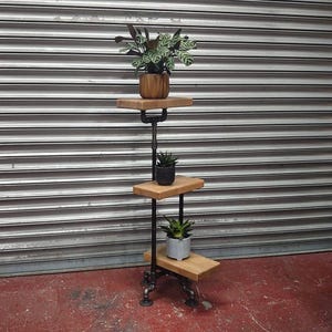 May include: A three-tier plant stand made of black metal pipes and wooden shelves. The stand features three plants in pots, including a green leafy plant on the top shelf, a small green plant on the middle shelf, and a green succulent on the bottom shelf.