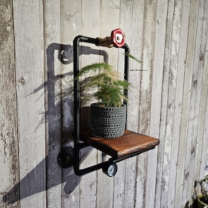 Steampunk Black Metal Wall Shelf: Cast Iron & Wood Accent