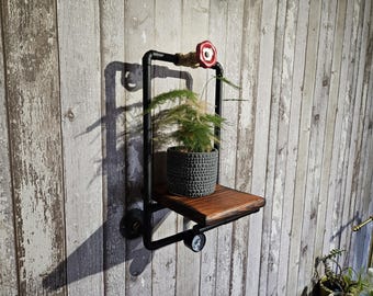 Steampunk Black Metal Wall Shelf: Cast Iron & Wood Accent