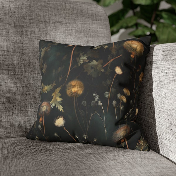 Dark Dandelions Faux Floral Dandelion Pillow Case Dark Academia Moody Floral Vintage Cottagecore Coquette Bed Pillow Case Square Pillow Case