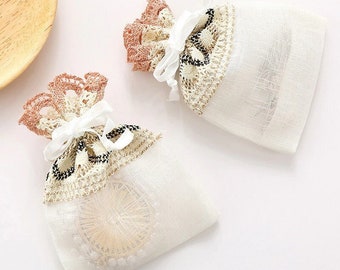 5pcs Beige Favor Bag made of Wave Lace Slub Yarn with Fold Bottom /Drawstring Pocket Jewelry Bag/Gift Packaging Bag/Wedding Party Favor Bag