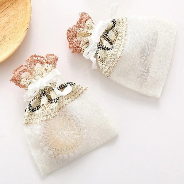 5pcs Beige Favor Bag made of Wave Lace Slub Yarn with Fold Bottom /Drawstring Pocket Jewelry Bag/Gift Packaging Bag/Wedding Party Favor Bag