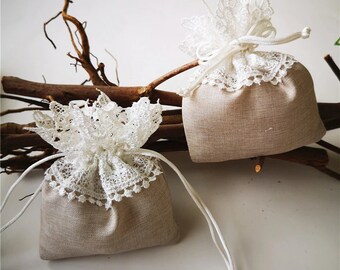 20pcs White Lace Favor Bags for Tea, Candy / Dragee Drawstring Favor Bag for Home Holiday Party DIY Decor Wedding Bonbonniere / Beige/White