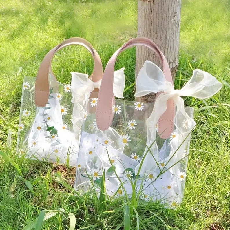 5pcs Clear Transparent Gift Tote Bags Floral Design Bag Perfect for Wedding Favors, Birthday Gifts, Corporate Events, Picnics image 1