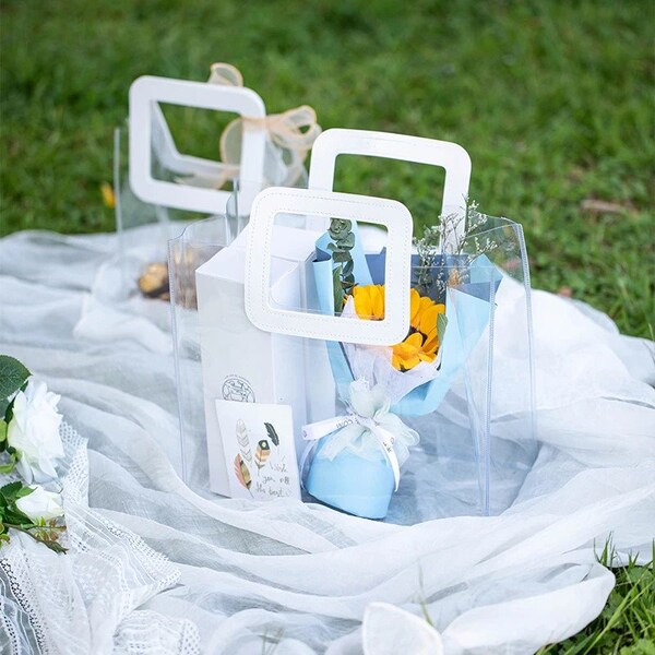 5 Stück klare, transparente PVC-Tote-Geschenk-Taschen mit starkem, weißem Griff/Verteilungsbeutel-Verpackungsbeutel-Babyparty-Picknick-Hochzeits-Bevorzugungsbeutel