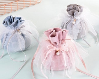 5pcs Luxury Velvet Wedding Favor Bags with Skirt - Drawstring Velvet Pouch Favor Bag - Dragee Baptism Pouch with Pearl