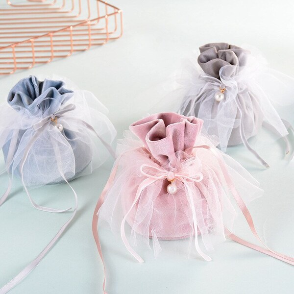 5pcs Luxury Velvet Wedding Favor Bags with Skirt - Drawstring Velvet Pouch Favor Bag - Dragee Baptism Pouch with Pearl