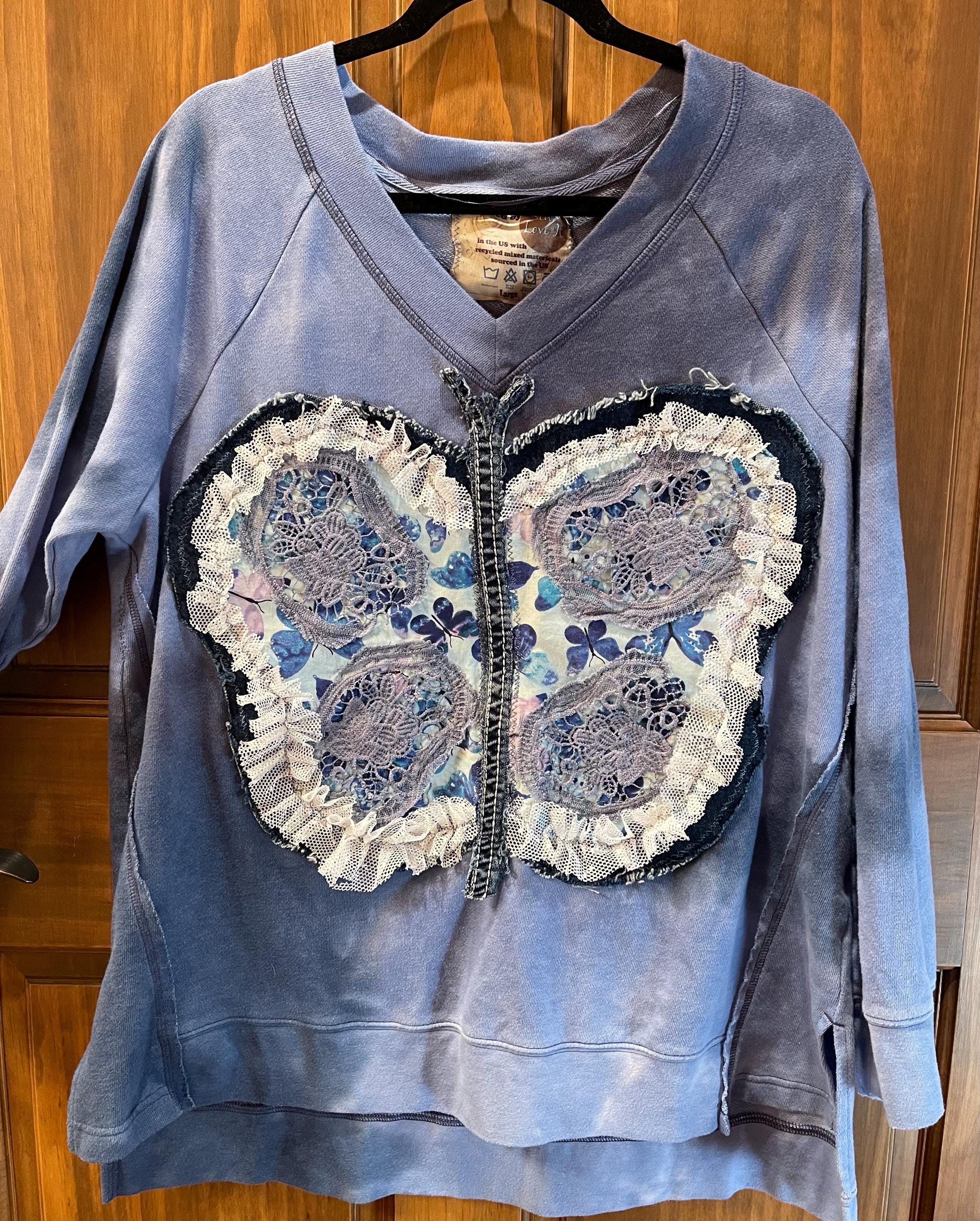 Large Butterfly denim lace sweatshirt blue stone wash, Upcycling handmade sew, sustainable clothing oversized Reworked Repurposed Zero Waste