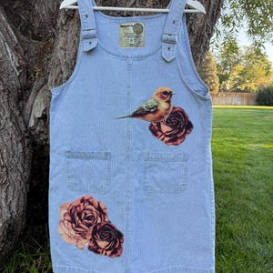 May include: A light blue denim overall dress featuring adjustable shoulder straps with metal buckles, two front patch pockets, and a graphic print of a small bird perched on a dark red rose, with additional red roses printed near the bottom hem.