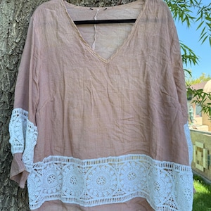XL tan and white lace light Tunic, Upcycling handmade oversized Boho top country western farmhouse clothes gift-for shirt comfortable tee