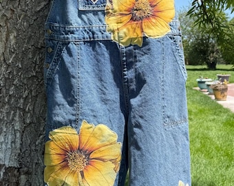 M-3XL Upcycled Bee Appliqued Denim Bib Overalls: Comfortable oversized boyfriend wide leg