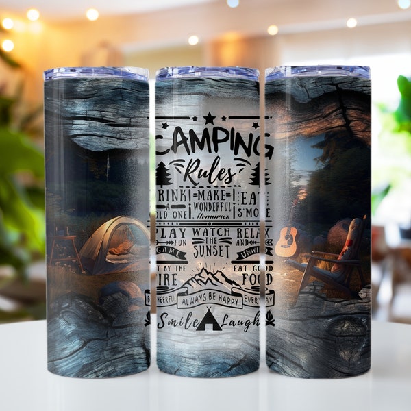 Camping Rules 12oz, 15oz, 20oz and 30oz Tumbler Sublimation Wrap Transfer Ready for pressing Skinny, camping cup dad gift hunting outdoors