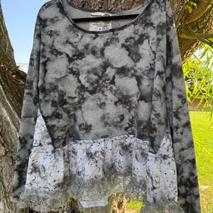 XL Black and Gray stone wash lace Halloween Tunic sweatshirt, Upcycling handmade oversized Boho Top Reworked country farmhouse gift-for