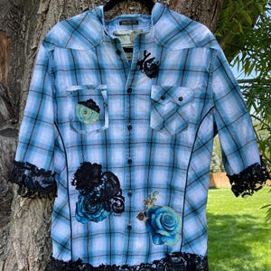 Large Upcycled Plaid & Lace Tunic: Handmade Boho Patchwork farmhouse Top