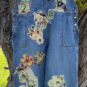 46X27 Applique Denim jeans bib overalls, Upcycling handmade oversized hand made  Zero Waste country farmhouse clothes cottagecore gift-for