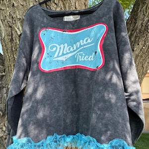 XL Gray stone wash Mama teal lace tunic sweatshirt, Upcycling handmade, sustainable Boho bohostyle patchwork farmhouse clothes gift-for soft