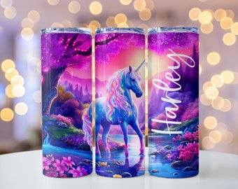 Tumbler Custom Name Sparkly Purple Unicorn Skinny Stainless Steel Double Walled 12oz sippy 20oz 30oz personalized gift with straw her kids