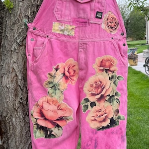 May include: Pink denim overalls adorned with large floral rose appliques and a bird graphic. The overalls feature multiple pockets, a zip closure, and adjustable straps. The garment is displayed on a white hanger.