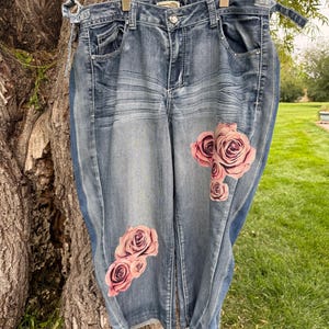 May include: Medium-wash blue denim jeans featuring a faded finish, a button and zipper fly, and side waist adjustment tabs. The front of the legs is decorated with printed clusters of pink roses, with one cluster on the upper right and one on the lower left.