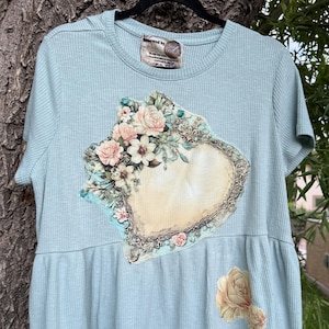 XL Upcycled Teal Heart Flower Tunic: Handmade Boho Patchwork Cottage Core Top