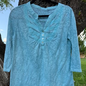 Med teal lace light Tunic shirt, Upcycling handmade oversized Boho Top tee Bohostyle country western farmhouse clothes gift-for comfortable
