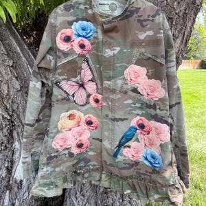 Upcycled Camo Light Army Pink Shabby Rustic Ruffle Jacket: Comfortable, coat, Boho, Oversized