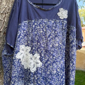 2XL blue distressed lace poncho cut tunic, Upcycling handmade oversized Boho Top country western farmhouse clothes gift-for cottagecore