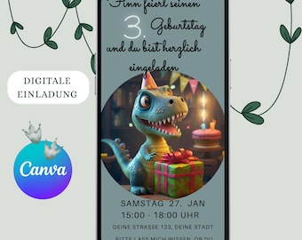 Invitación digital de dinosaurio para fiesta de cumpleaños infantil, tarjeta electrónica de dinosaurio, plantilla de Canva, invitación de WhatsApp, fiesta de dinosaurios