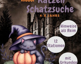 Cat treasure hunt, printable scavenger hunt, children's birthday party, indoor, 4-8 years, games for birthday, Halloween, certificate, game, PDF