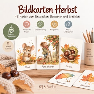 Op de afbeelding: Een set educatieve prentkaarten getiteld Bildkarten Herbst met herfstthema's zoals een muis, appels plukken, kastanjes, een paraplu en een esdoornblad. De kaarten bevatten Duitse tekstlabels en illustraties van seizoensgebonden items.