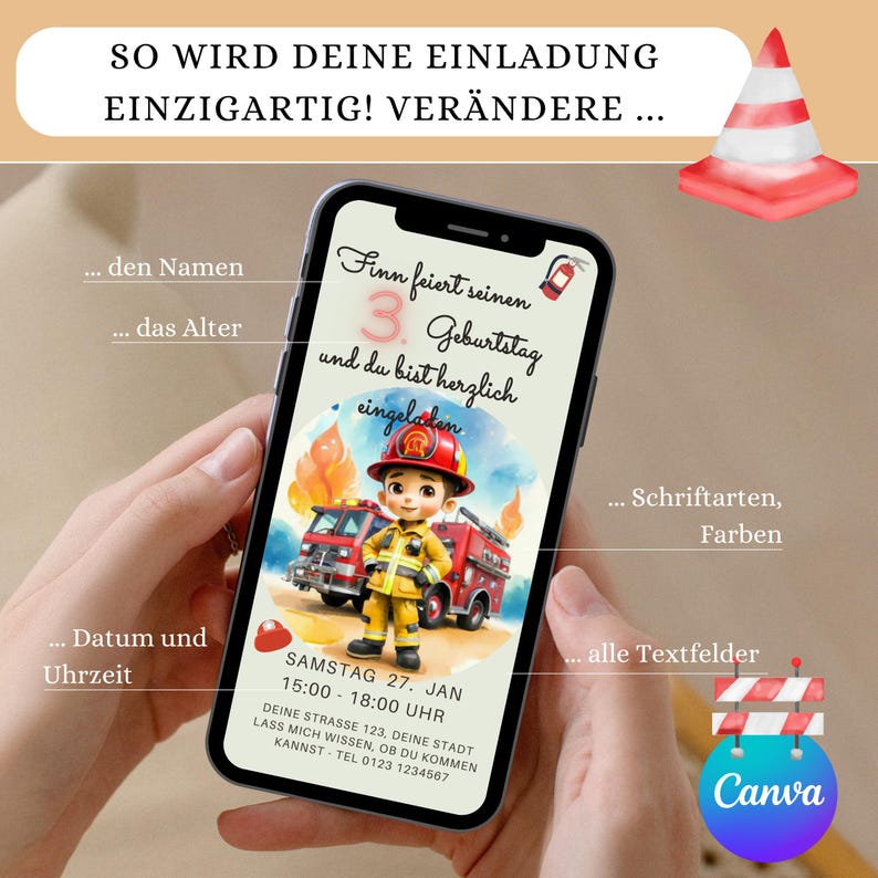 WhatsApp invitation, e-card, digital invitation, children's birthday party, fire brigade, fire, personalized invitation for children, girls, boys, mobile phone image 3