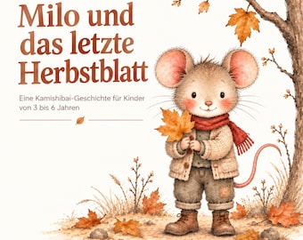 May include: A children's storybook cover titled Milo und das letzte Herbstblatt featuring an illustrated mouse wearing a beige cardigan, red scarf, and brown pants, holding an orange maple leaf while standing near a tree with fallen leaves.
