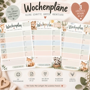 May include: Three weekly planner sheets featuring illustrations of a giraffe, a bear, and a rabbit with a hot air balloon. Each sheet includes the text Wochenplan, Kleine Schritte. Grosse Abenteuer, and sections for daily tasks, notes, and ideas.