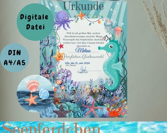 Seepferdchen Urkunde, Schwimmabzeichen, Urkunden Seepferd, Schwimmen, Auszeichnung, Abzeichen, Sofortausdruck, Schwimmer, Din A4 A5