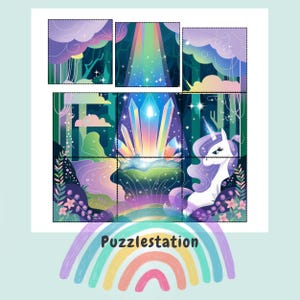 May include: A colorful puzzle featuring a unicorn standing in a magical forest with a rainbow and crystals. The puzzle is divided into nine pieces.