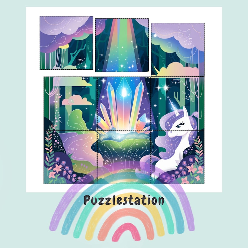 May include: A colorful puzzle featuring a unicorn standing in a magical forest with a rainbow and crystals. The puzzle is divided into nine pieces.