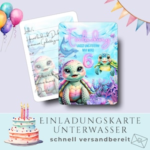 Einladung Kindergeburtstag Schildkröte, Unterwasserwelt, Aquarell, Delfin, Qualle, Meeresparty, Mädchen, Set 5/10, personalisiert A6