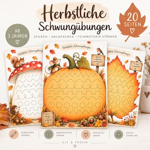 Könnte beinhalten: Drei pädagogische Übungsblätter mit dem Titel Herbstliche Schwungübungen, die herbstliche Motive wie einen Pilz, einen großen orangefarbenen Kürbis und ein Blatt zeigen. Jede Seite enthält gepunktete Linien zum Nachspuren und deutschen Text.