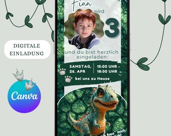 Digital dinosaur birthday invitation, e-card with photo, WhatsApp invitation, T-Rex, personalized children's birthday party, nature, animals, mobile phone