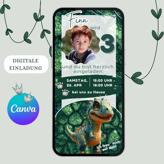 Digitale Einladung Geburtstag Dino, ECard mit Foto, Whatsapp Einladung, T-Rex, Kindergeburtstag personalisiert, Natur, Tiere, Handy