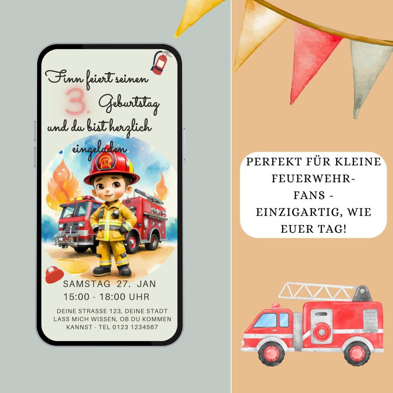 WhatsApp invitation, e-card, digital invitation, children's birthday party, fire brigade, fire, personalized invitation for children, girls, boys, mobile phone image 5