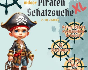 XL Piraten Schattenjacht Kinderverjaardagsfeestje Schattenjacht, Piratenfeest Spel, Schatkaart, Puzzel, Certificaat, Binnen, 7-10 Jaar, Direct Downloaden