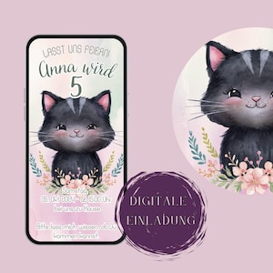 Whatsapp Einladung, Ecard, Digitale Einladung, Kindergeburtstag Katze, Kätzchen, Personalisierte Einladung Kinder, Mädchen, Handy, Geburtsta