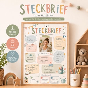 Op de afbeelding: Een printbare profielposter getiteld STECKBRIEF met pastelkleurige tekstvakken voor persoonlijke informatie, een centraal fotokader en decoratieve illustraties waaronder een regenboog, sterren, een boek, een plant en een mok met kleurpotloden.