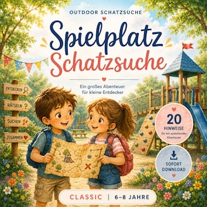 Könnte beinhalten: Illustration von zwei Kindern, die eine Schatzkarte vor einem Spielplatz halten. Das Bild zeigt den Text "Spielplatz Schatzsuche" und andere deutsche Texte. Die Kinder tragen Rucksäcke und lächeln. Der Hintergrund umfasst einen Spielplatz und bunte Blumen.